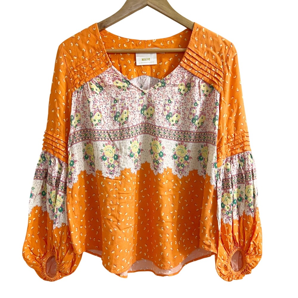Maeve Anthropologie Floral Mixed Print Blouse Orange XS Women Boho Top